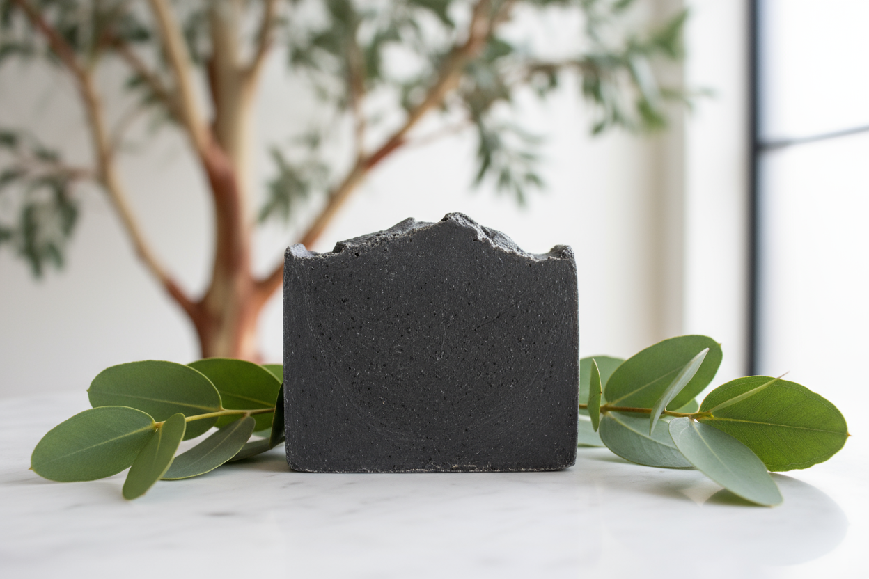 Eucalyptus Dead Sea Mud Bar soap include eucalyptus tree background and leaves