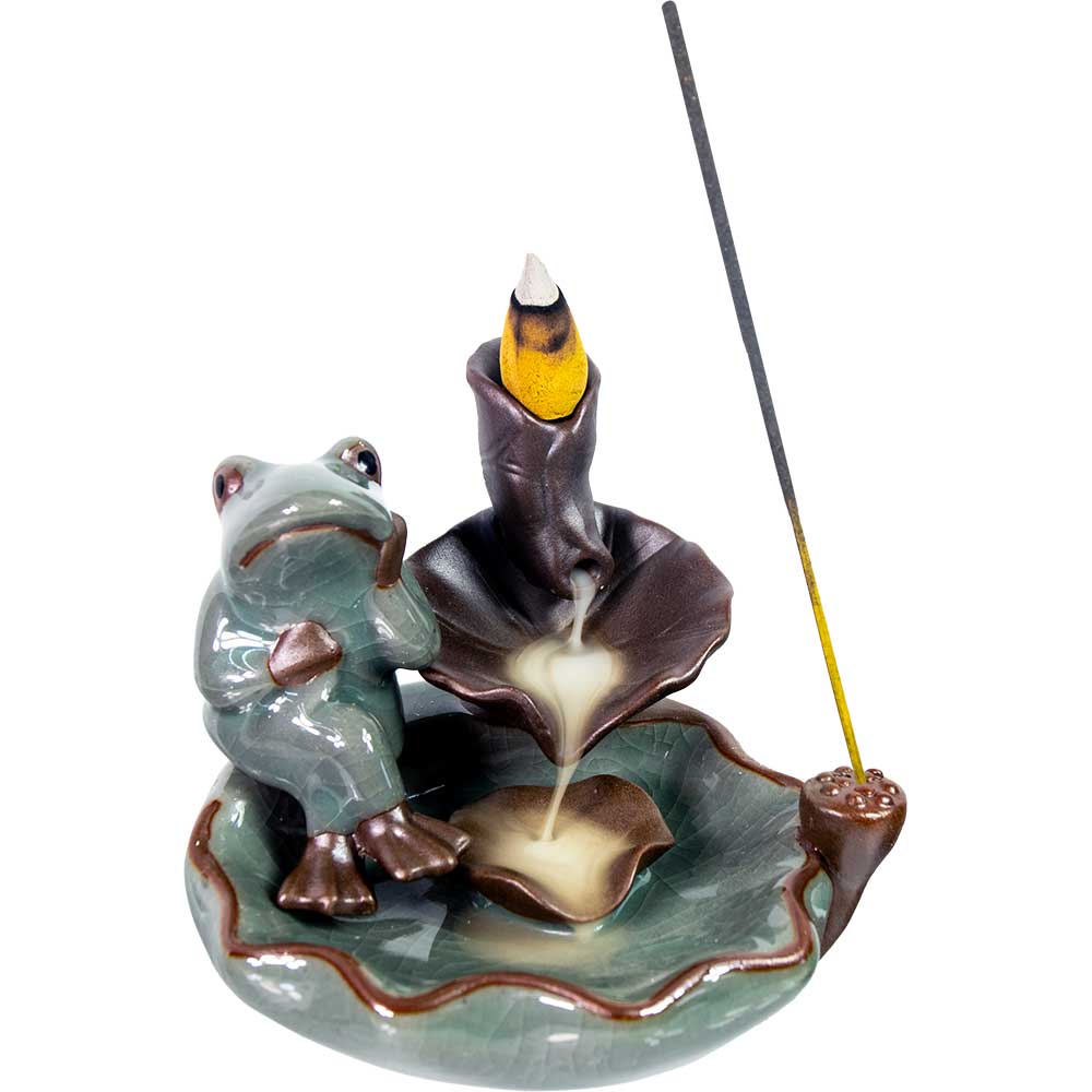 Ceramic Backflow Incense Burner - Frog Sitting on Lotus Leaf