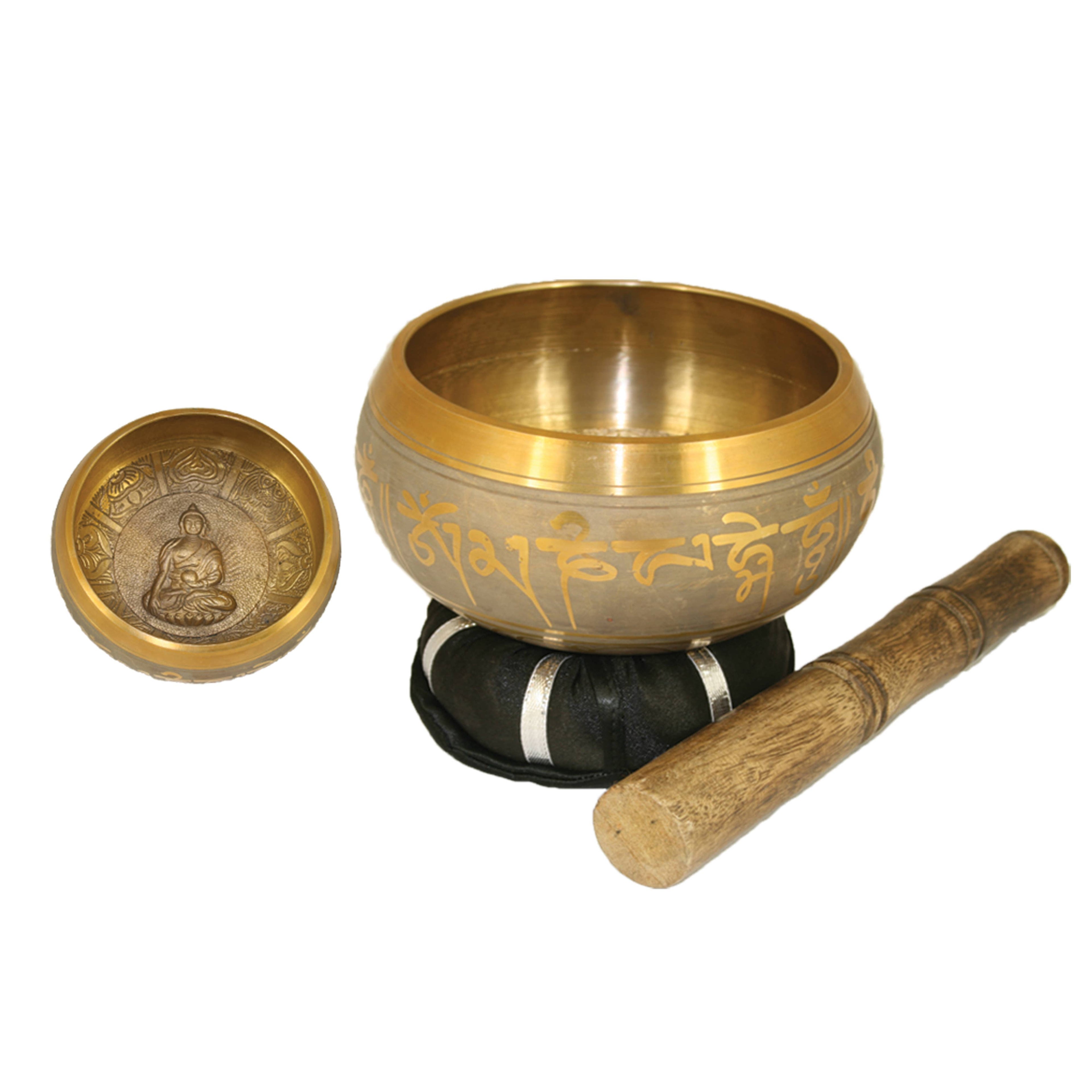Tibetan Singing Bowl w/ Cushion & Stick - Gold Buddha