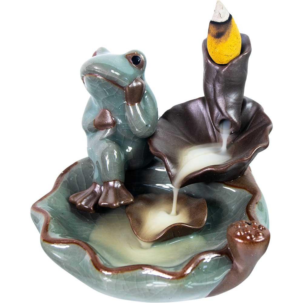 Ceramic Backflow Incense Burner - Frog Sitting on Lotus Leaf