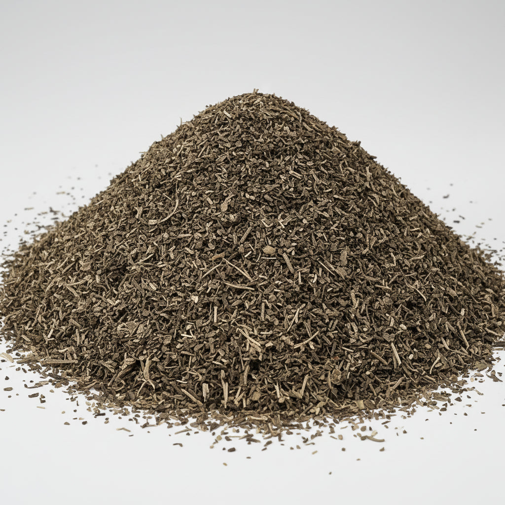 A close-up pile of loose-leaf tea leaves, showing a mix of dark brown, black, and light tan pieces, photographed against a white background.