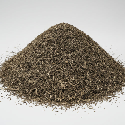 A close-up pile of loose-leaf tea leaves, showing a mix of dark brown, black, and light tan pieces, photographed against a white background.
