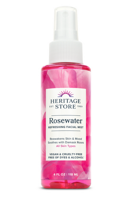 Rosewater spray 4 oz by Heritage . Experience the delicate floral scent of real roses any time of the year! Rosewater is truly versatile with numerous benefits. Use as a perfume, body splash or add to your hair rinse or bath water. You can also combine with therapeutic oils to make your own complexion formula.
