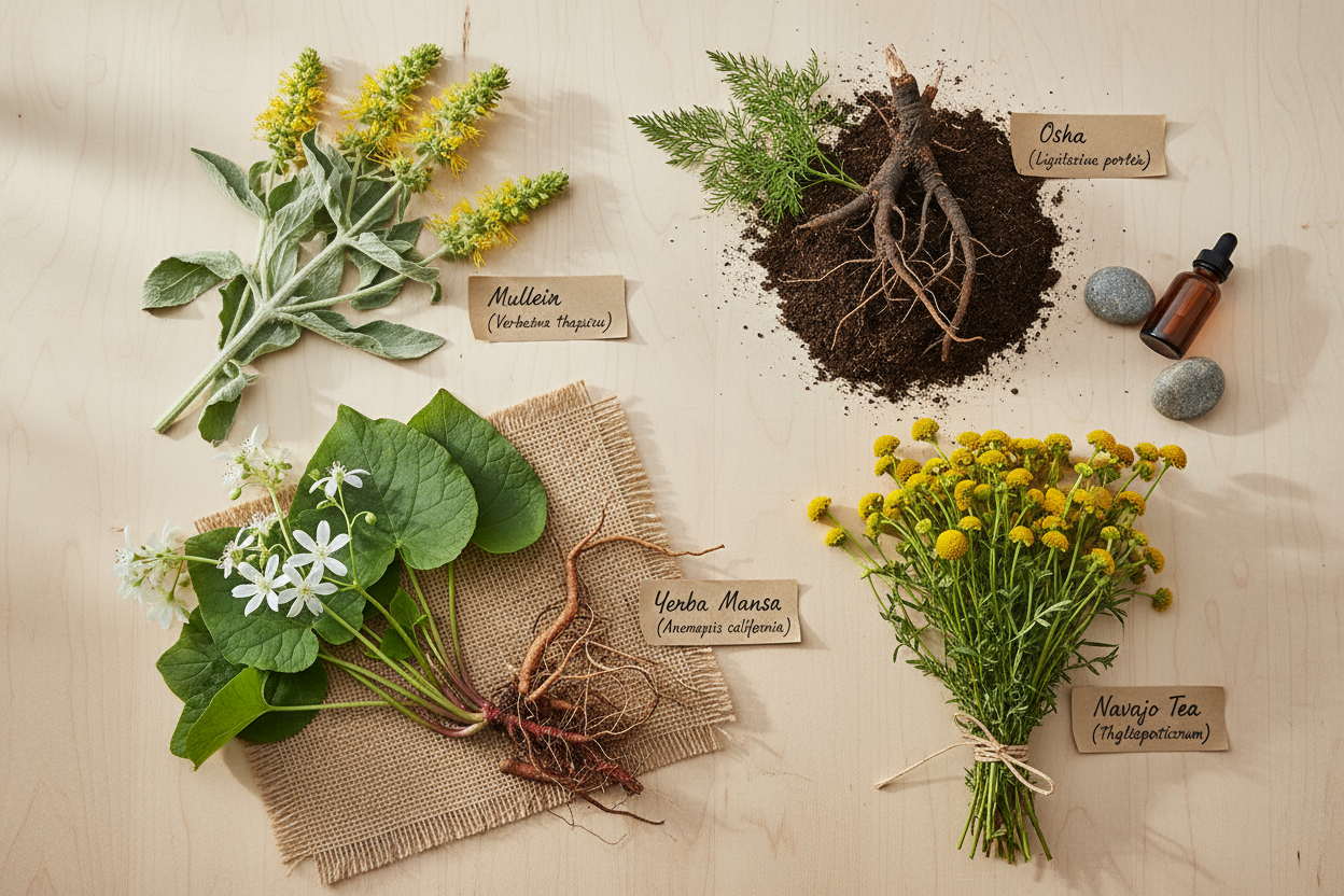 combination of herbs : mullein flowers and leaves, osha bear root herb, yerba mansa herb root and navajo tea or cota herb 