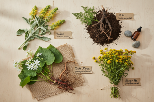 combination of herbs : mullein flowers and leaves, osha bear root herb, yerba mansa herb root and navajo tea or cota herb 