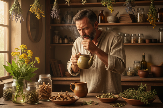 Combination of mullein flowers and leaves, osha root herb, yerba mansa herb and navajo tea herb in the pantry there is a man making a tea but coughing
