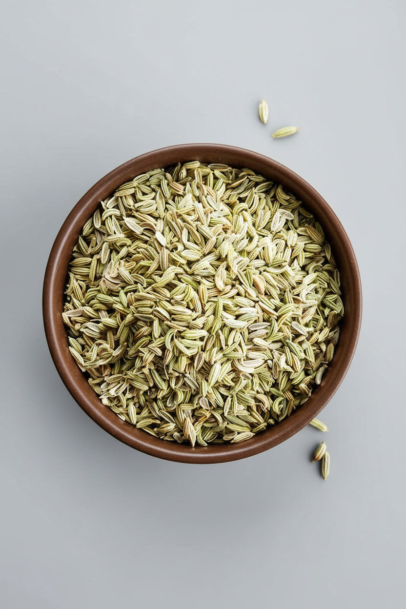 Dried fennel seeds in a wooden bowl on a wooden surface