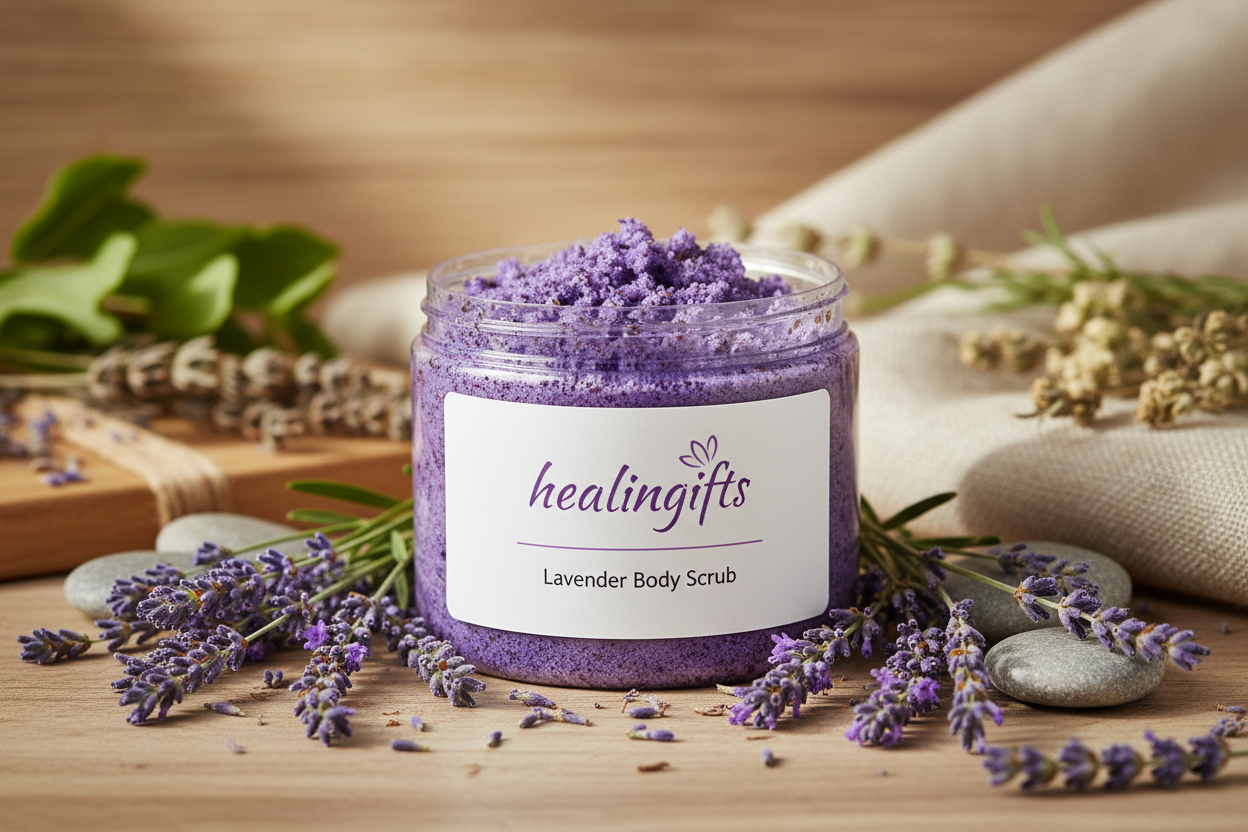 Lavender body scrub it is a labeled plastic container for scrubs labeled healingifts surrounded by lavender herb and natural back draft