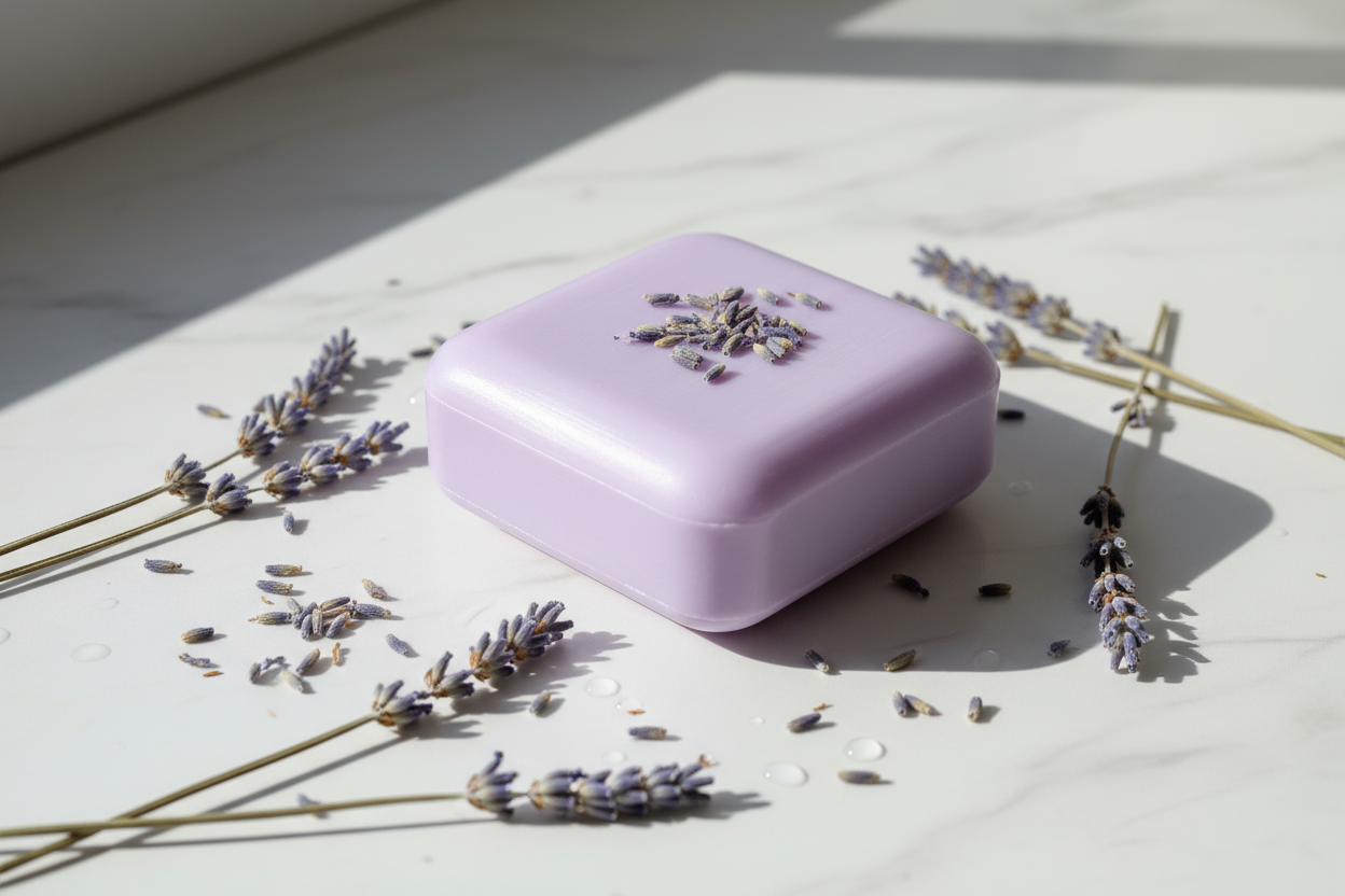 lavender soap bar with lavender dried herbs around it