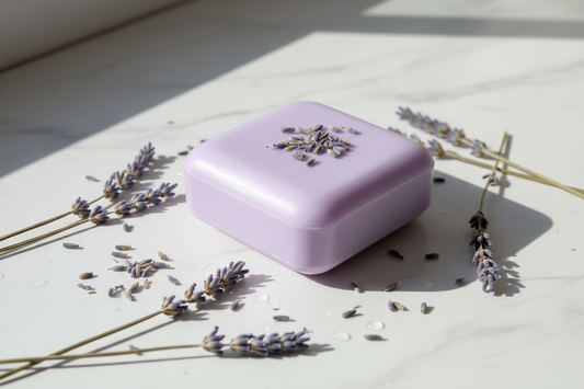 lavender soap bar with lavender dried herbs around it