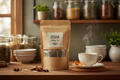 Osha tea bags in a kraft bag in the kitchen pantry with a tea cup