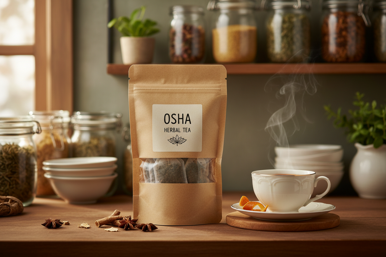 Osha tea bags in a kraft bag in the kitchen pantry with a tea cup