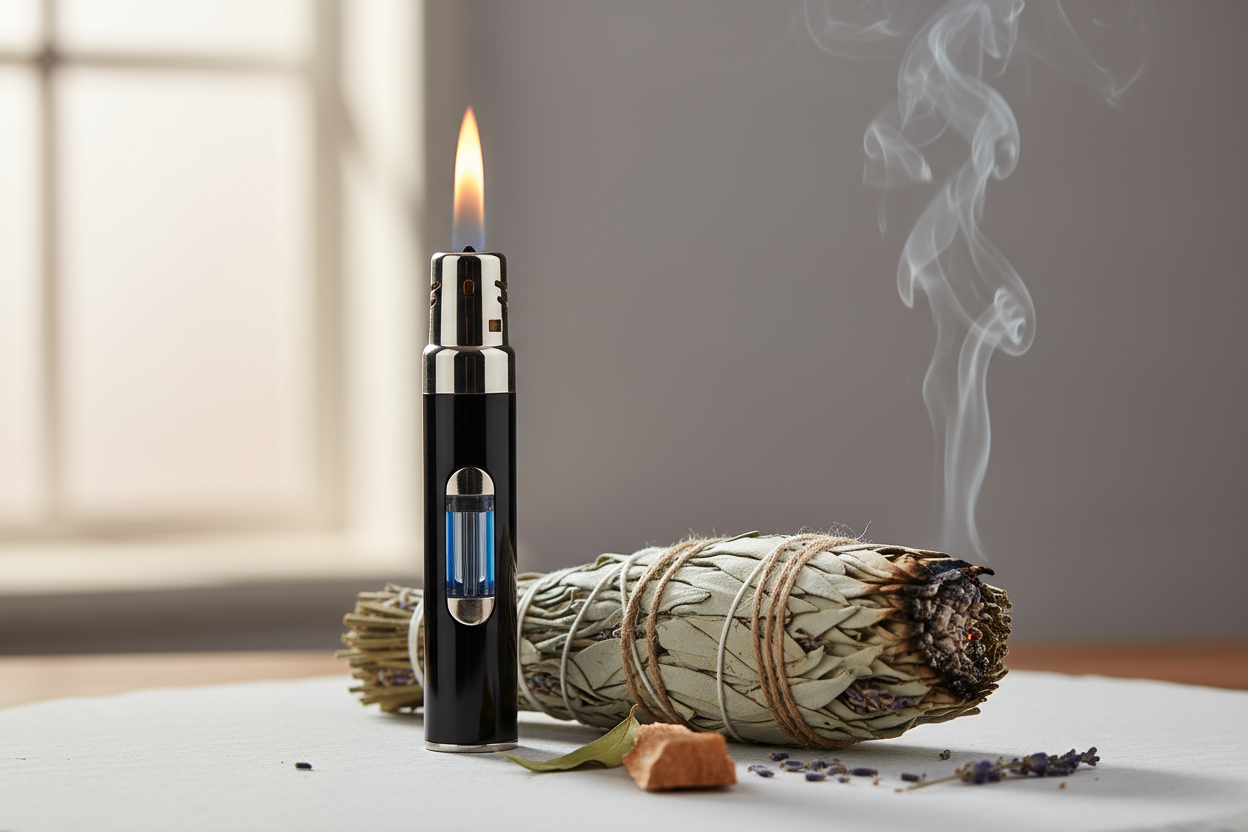 torch lighter with flame and a smudgestick