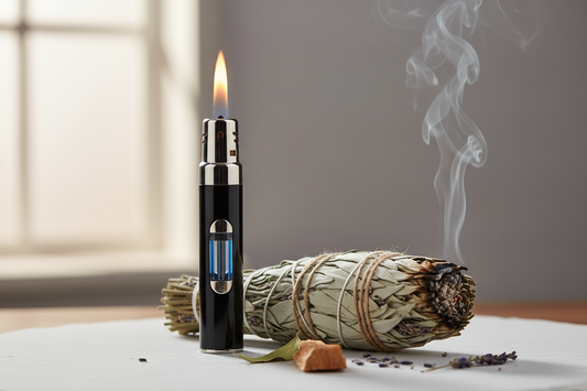 torch lighter with flame and a smudgestick