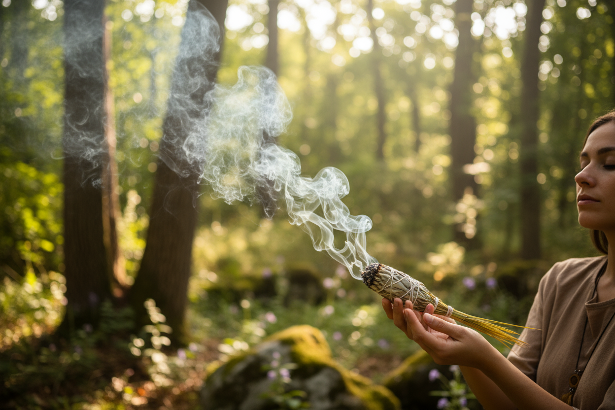 White Sage w/ Sweetgrass braid it is a smudge stick feature a person using it with smoke in nature's background